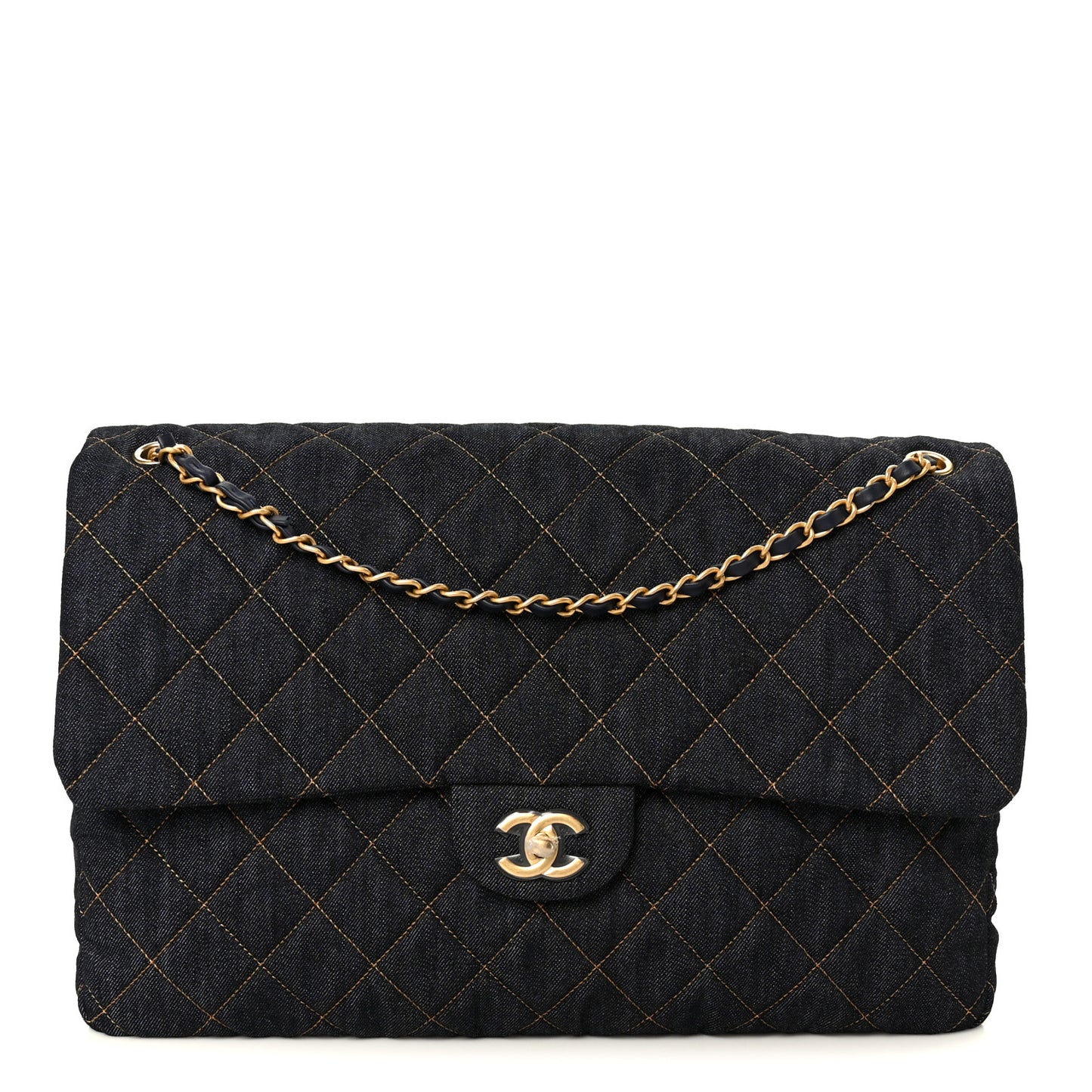Denim Quilted XXL Travel Flap Bag Dark Blue Orange