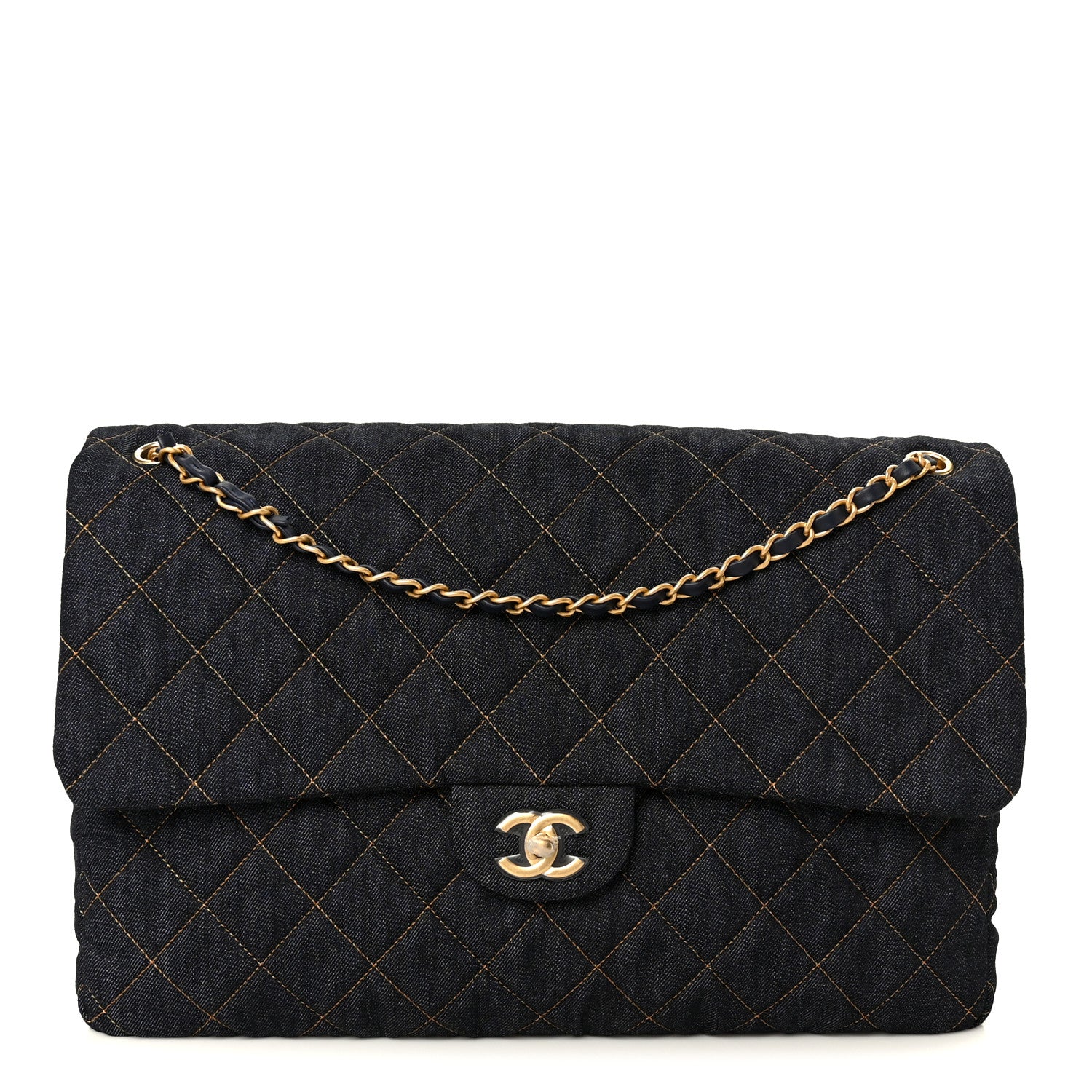 Chanel Denim Quilted XXL Travel Flap Bag Dark Blue Orange 1 of 12