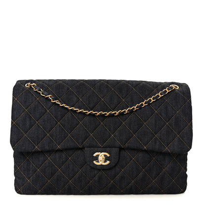 Chanel Denim Quilted XXL Travel Flap Bag Dark Blue Orange 1 of 12