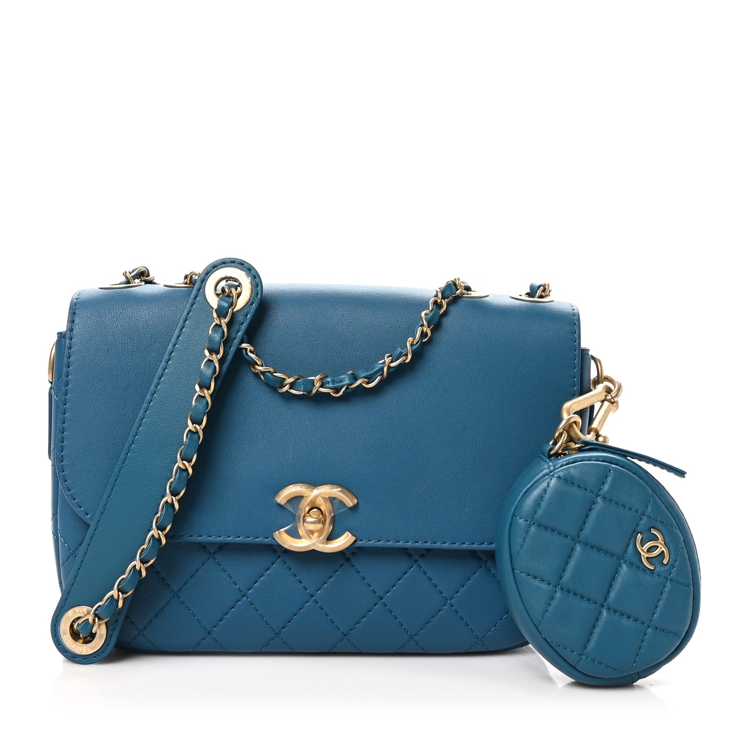 Calfskin Quilted Multi Pouching Flap And Coin Purse Blue