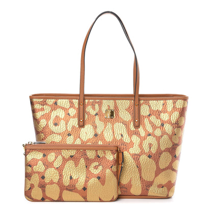 MCM Visetos Metallic Leopard Print Medium Anya Shopper Tote Cognac 1 of 14