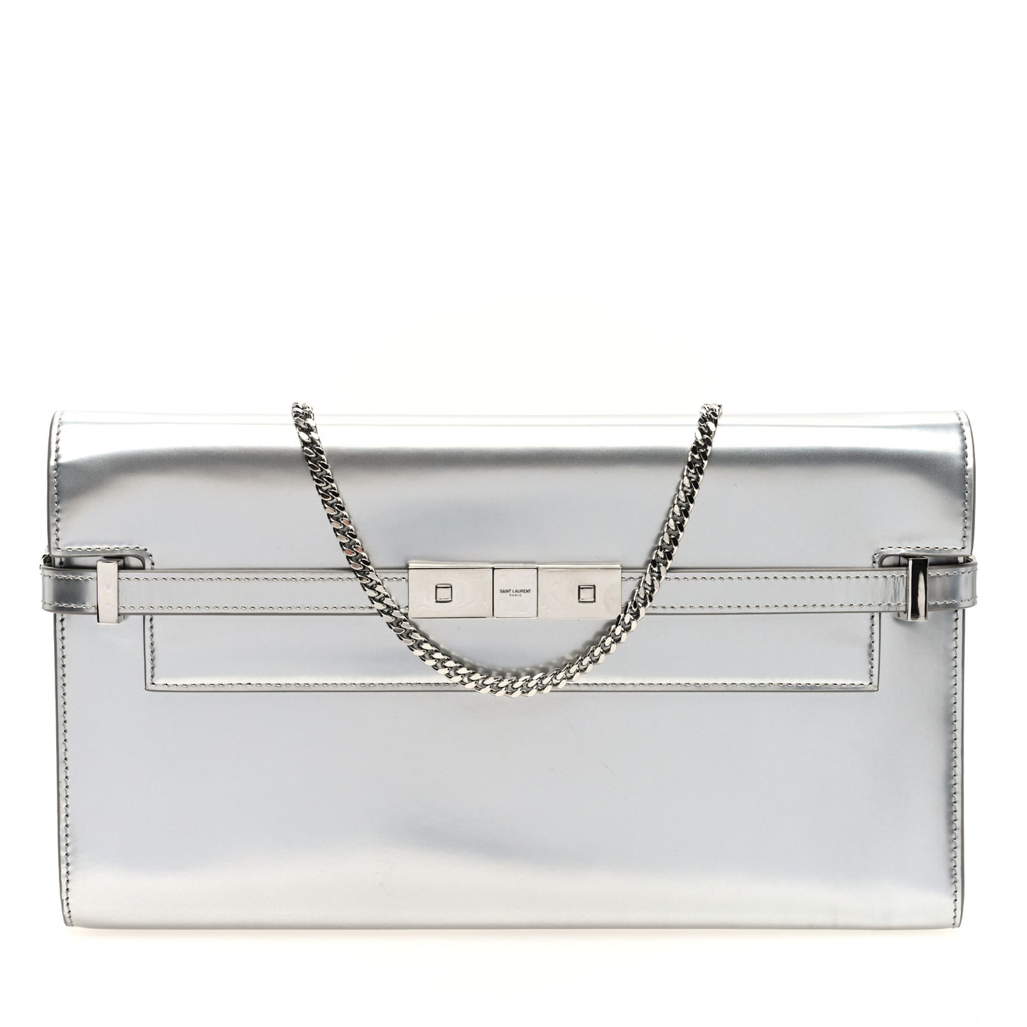 Metallic Calfskin Manhattan Chain Clutch Metal Argento