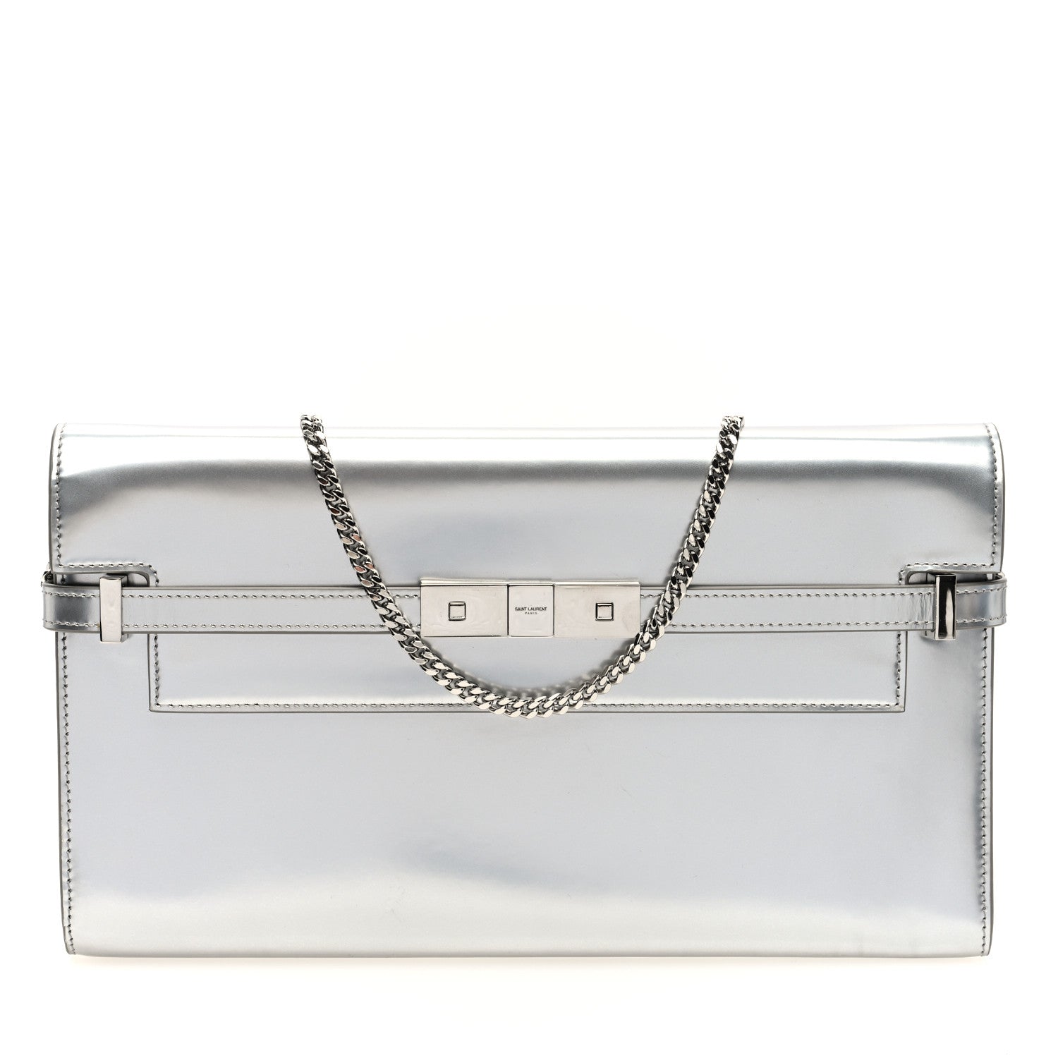 Saint Laurent Metallic Calfskin Manhattan Chain Clutch Metal Argento 1 of 9