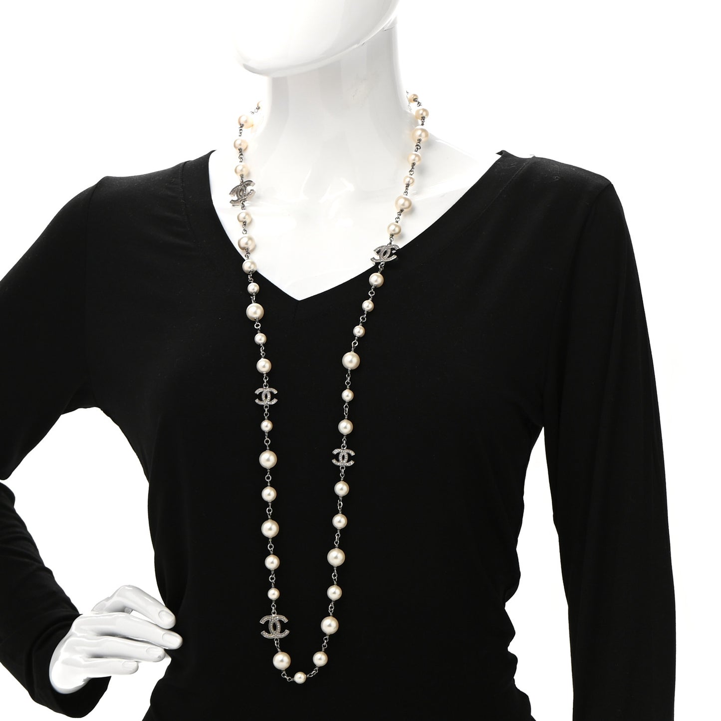 Graduated Pearl Crystal CC Long Necklace Silver