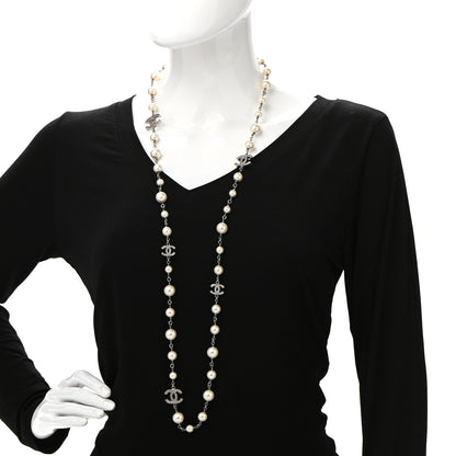 Chanel Graduated Pearl Crystal CC Long Necklace Silver 2 of 6