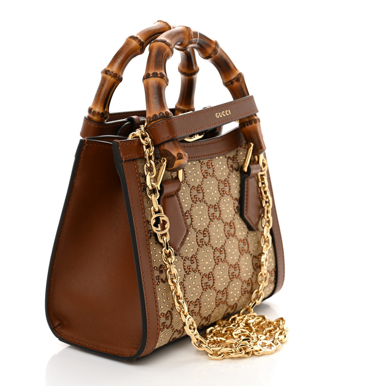 Gucci New Canvas Charisma Calfskin Crystal GG Monogram Mini Diana Tote Bag Camel Ebony 2 of 11