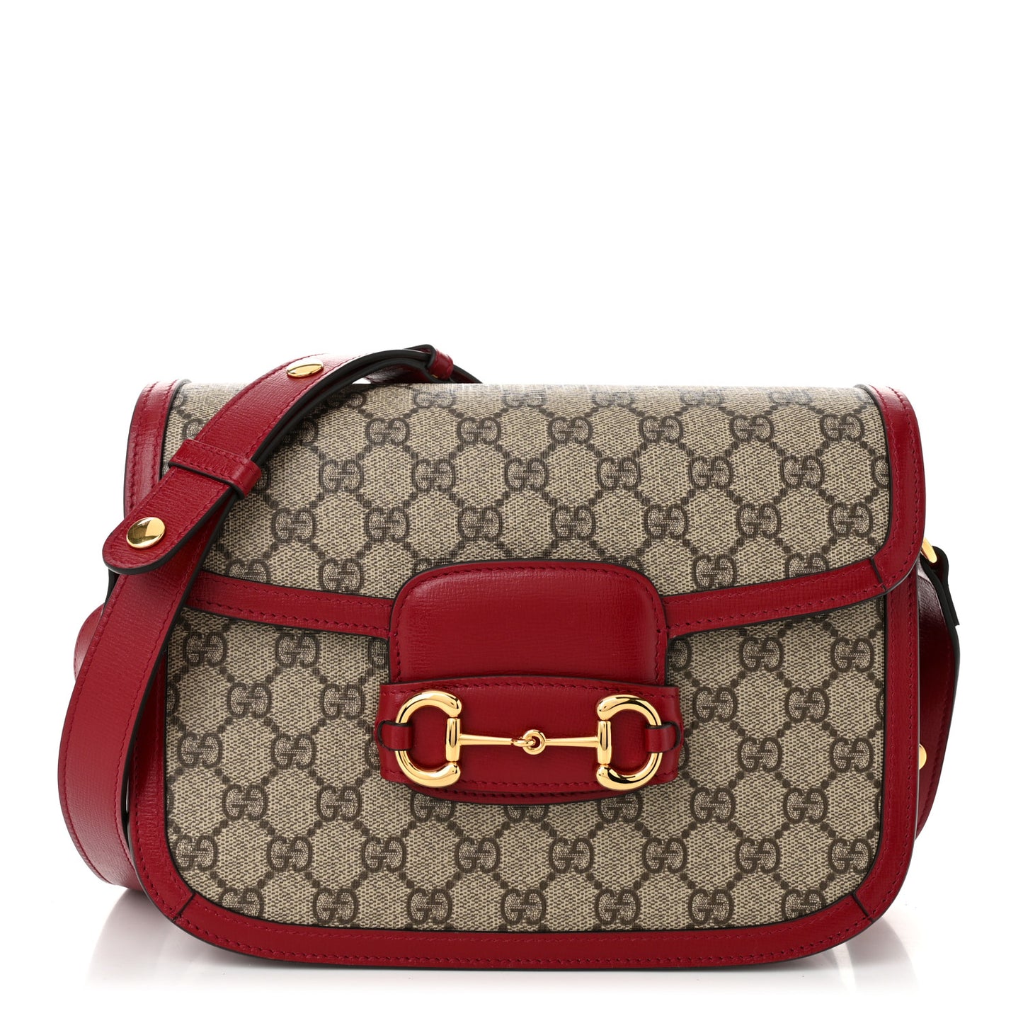 GG Supreme Monogram Azalea Calfskin Horsebit 1955 Shoulder Bag Beige Ebony New Cherry Red