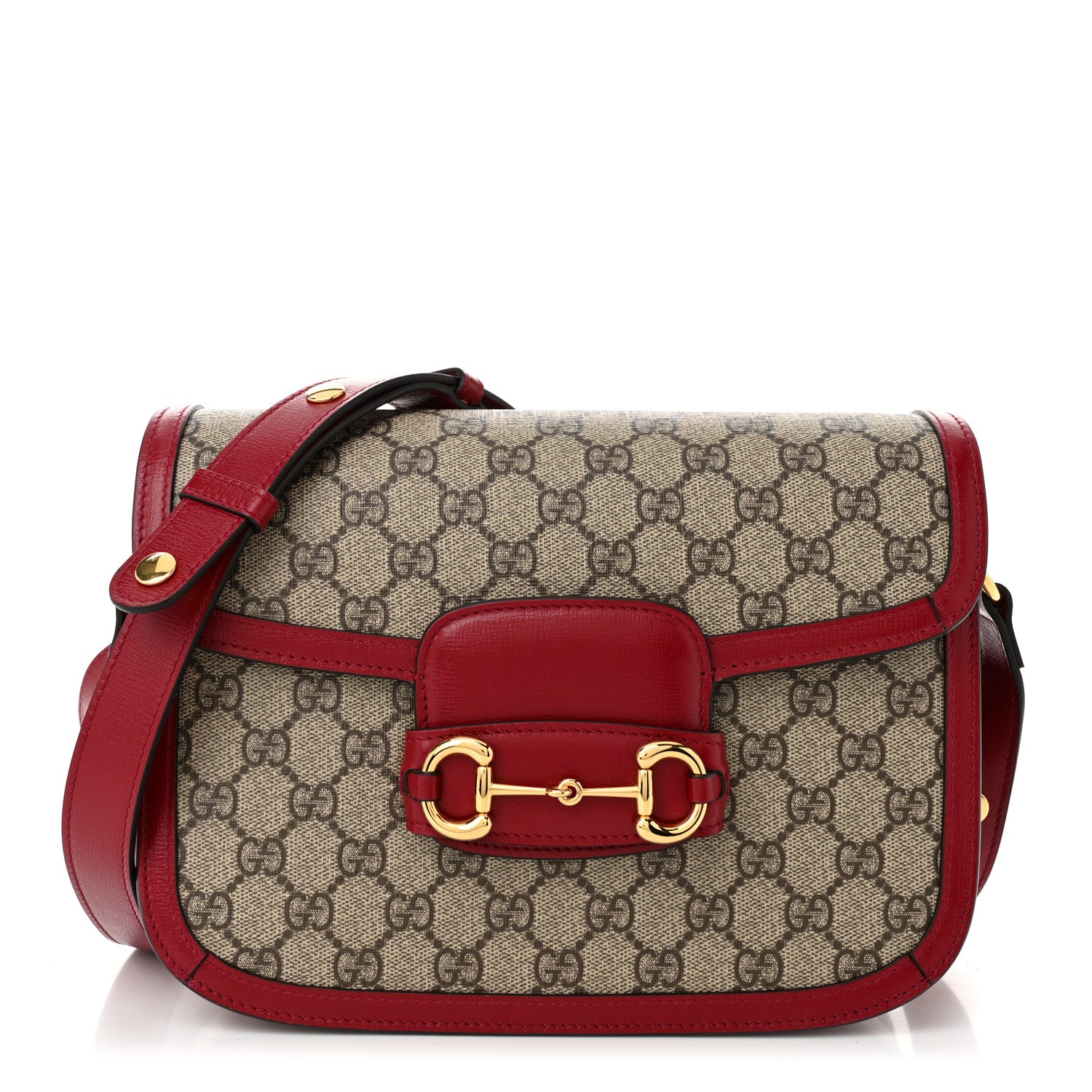 Gucci GG Supreme Monogram Azalea Calfskin Horsebit 1955 Shoulder Bag Beige Ebony New Cherry Red 1 of 10
