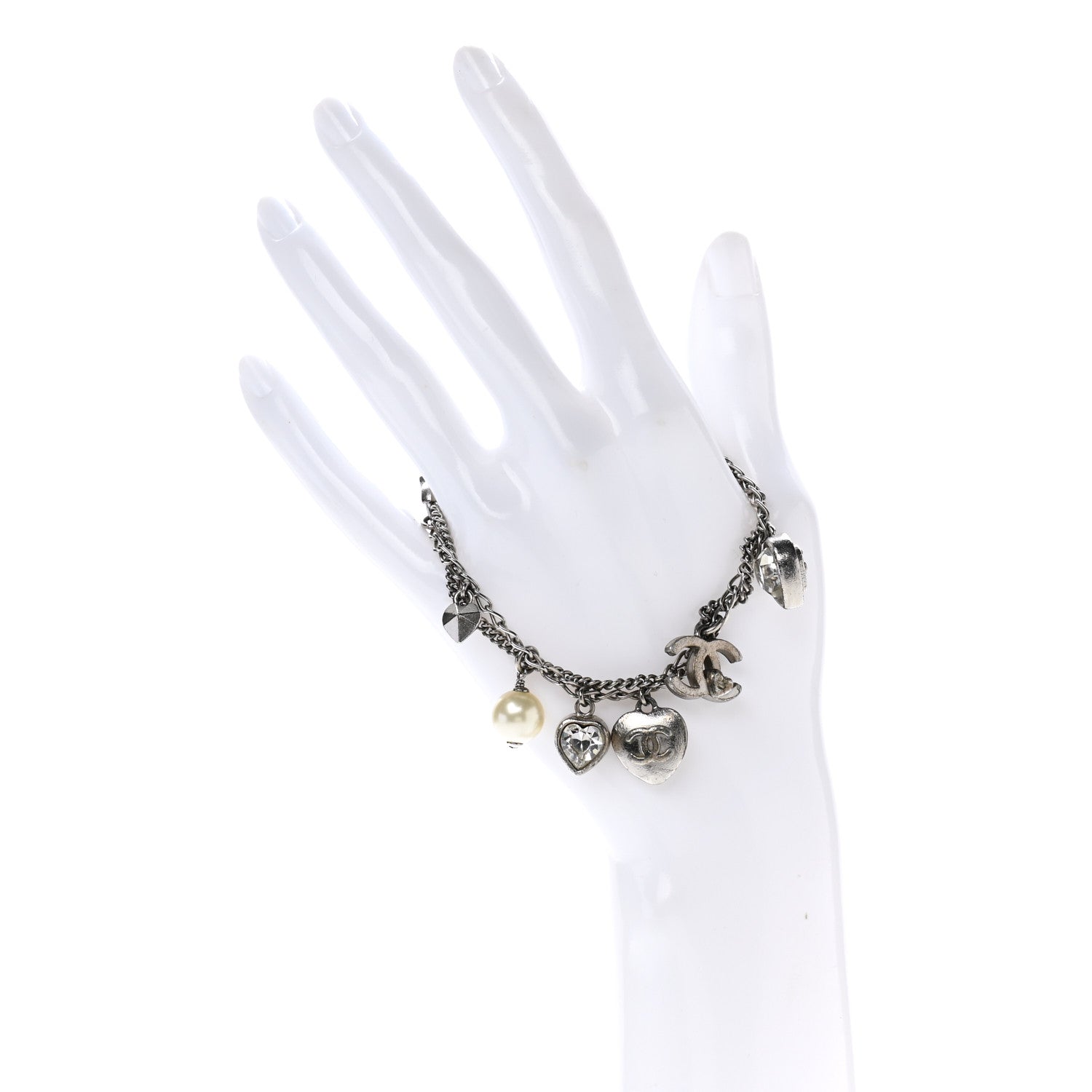 Chanel Crystal Pearl Heart CC Charm Bracelet Silver 2 of 4