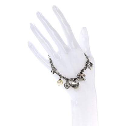 Chanel Crystal Pearl Heart CC Charm Bracelet Silver 2 of 4