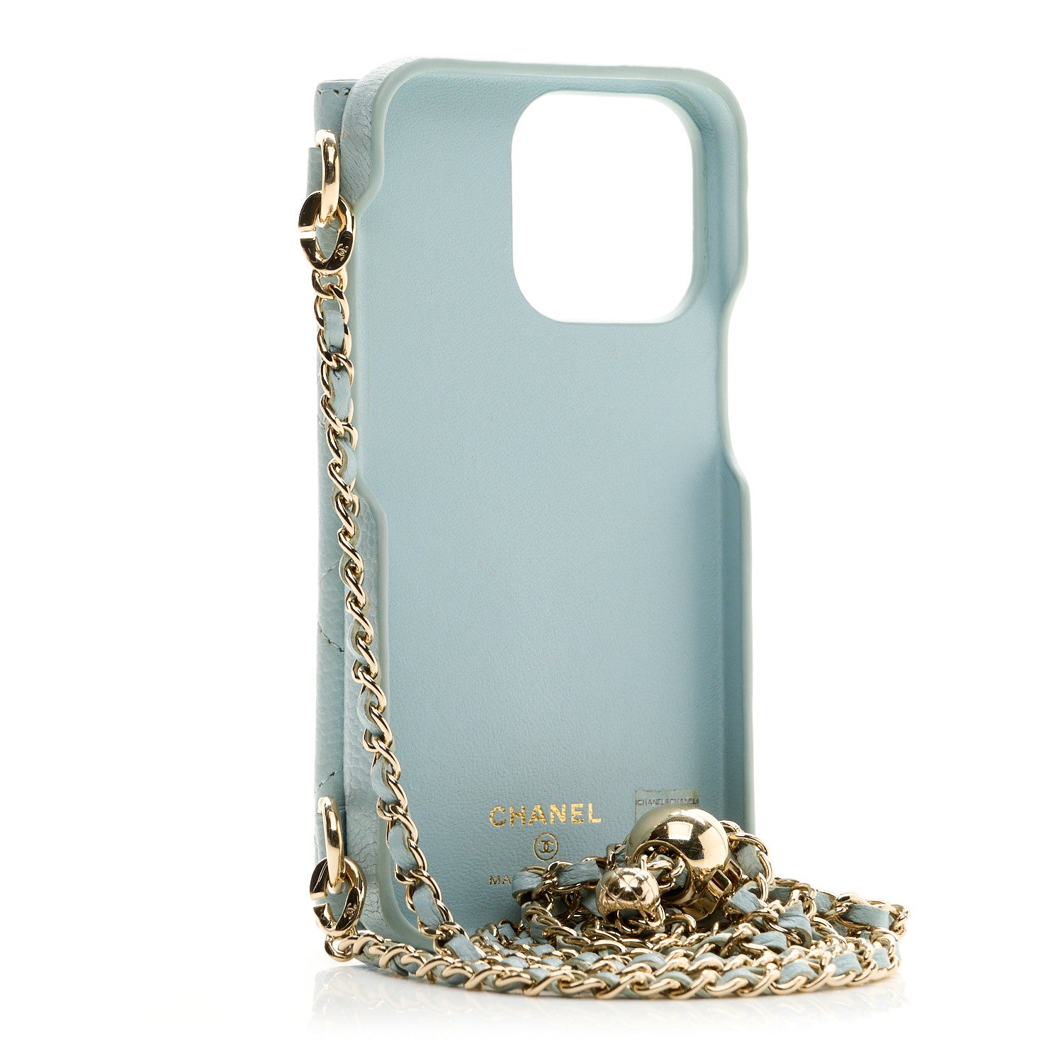 Chanel Caviar Quilted Pearl Crush iPhone 13 Pro Holder With Chain Light Blue 3 of 6
