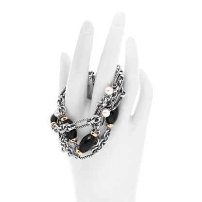 David Yurman Sterling Silver 18K Yellow Gold Black Onyx Pearl Multi Strand Figaro Bracelet 2 of 4