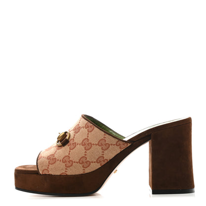 Gucci GG Monogram Kid Scamosciato Houdan Mid Heel Platform Slide Sandals 38.5 Beige Ruggine Maroon 1 of 8