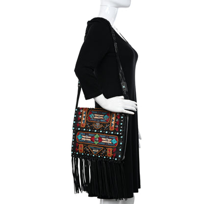 Valentino Garavani Pebbled Calfskin Embroidered Rockstud Rolling Fringe Messenger Black 2 of 15