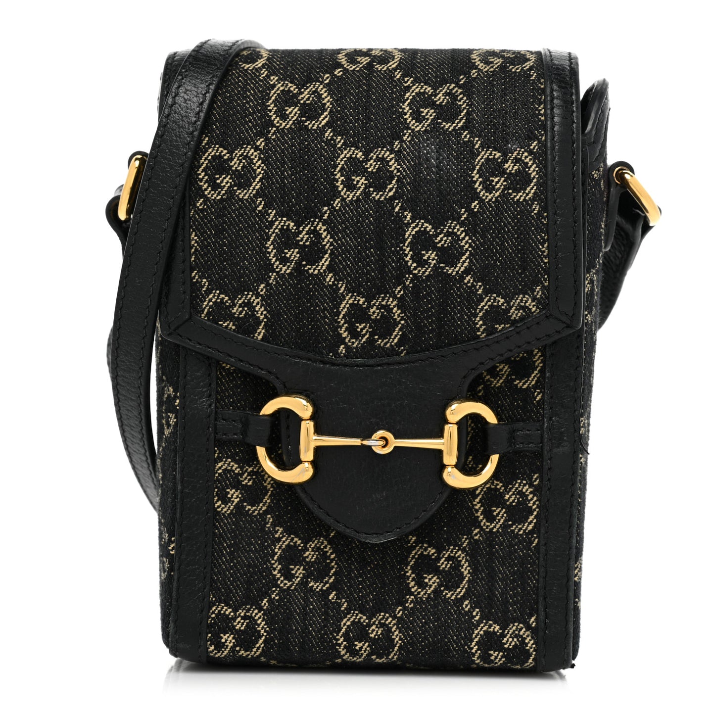 Jacquard Black Denim GG Monogram Textured Dollar Calfskin Mini Horsebit 1955 Crossbody Bag Black Ivory