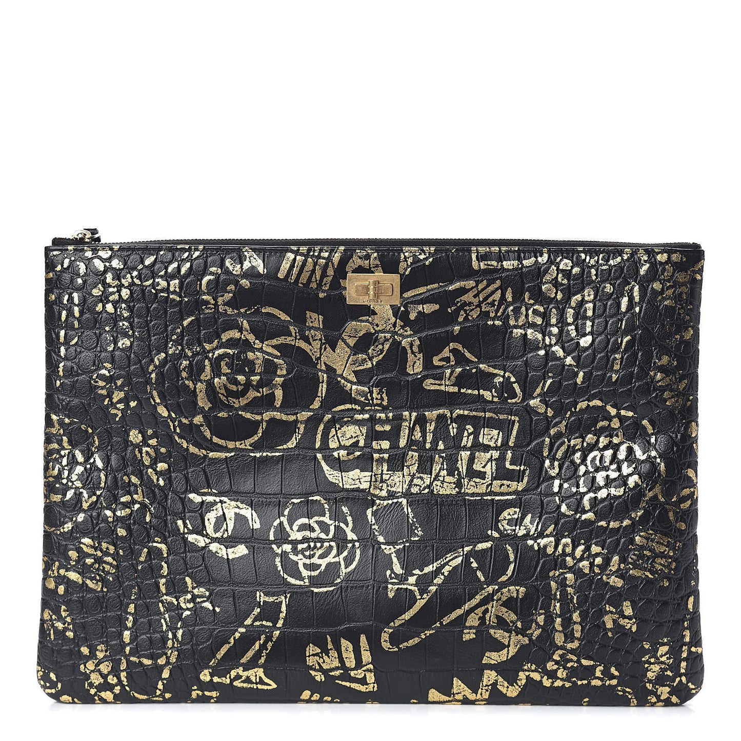 Calfskin Crocodile Embossed Graffiti 2.55 Large Cocodile Reissue Cosmetic Case Black Gold