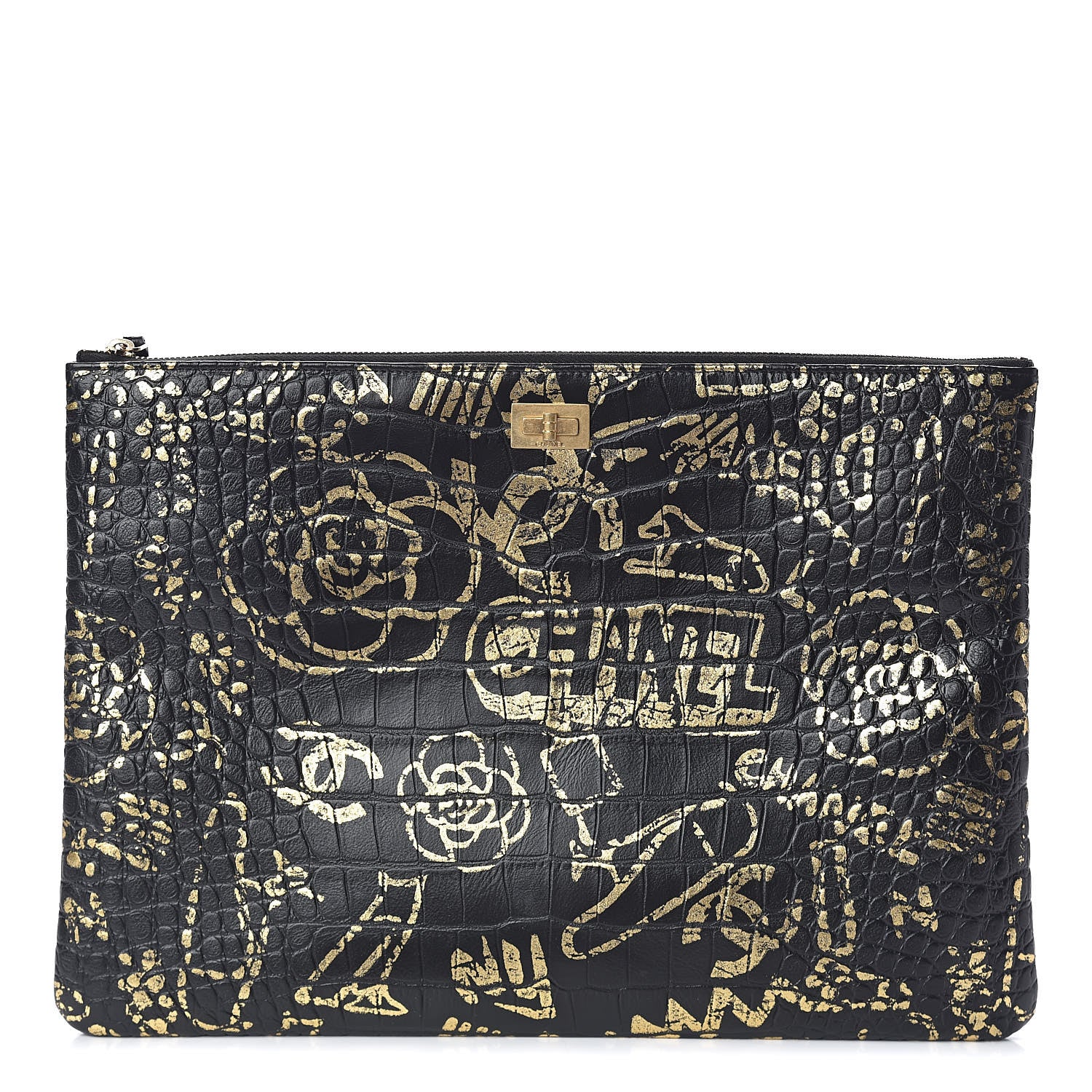 Chanel Calfskin Crocodile Embossed Graffiti 2.55 Large Cocodile Reissue Cosmetic Case Black Gold 1 of 11