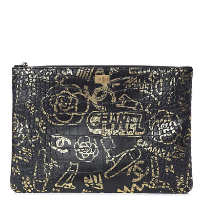 Chanel Calfskin Crocodile Embossed Graffiti 2.55 Large Cocodile Reissue Cosmetic Case Black Gold 1 of 11