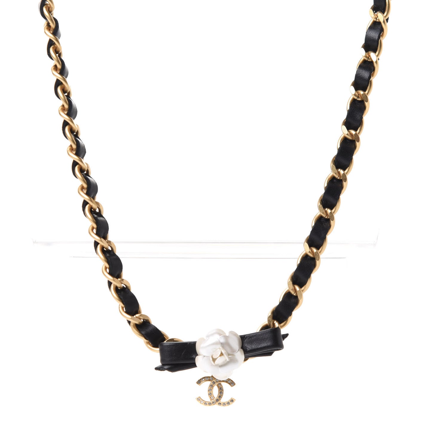 Calfskin Crystal Chain Camellia Belt 85 Black Gold