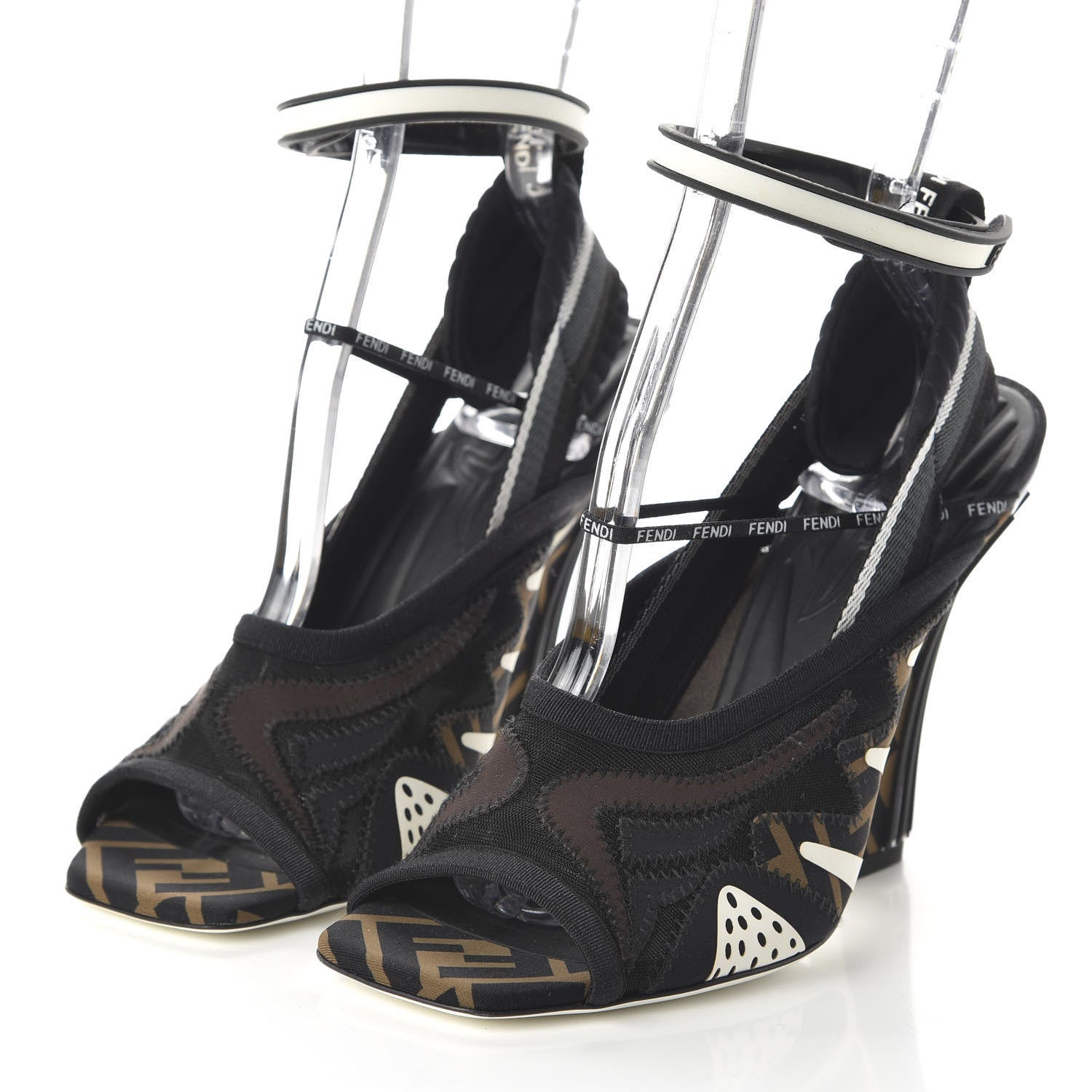 Fendi Technical Mesh FF FFreedom Patchwork 105 Peep Toe Sandals 38 Tobacco Black Asfalto 3 of 9