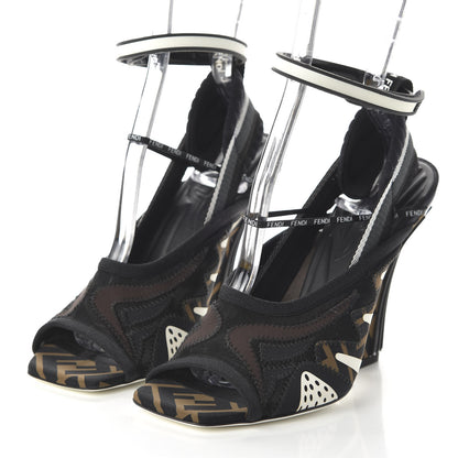 Fendi Technical Mesh FF FFreedom Patchwork 105 Peep Toe Sandals 38 Tobacco Black Asfalto 3 of 9
