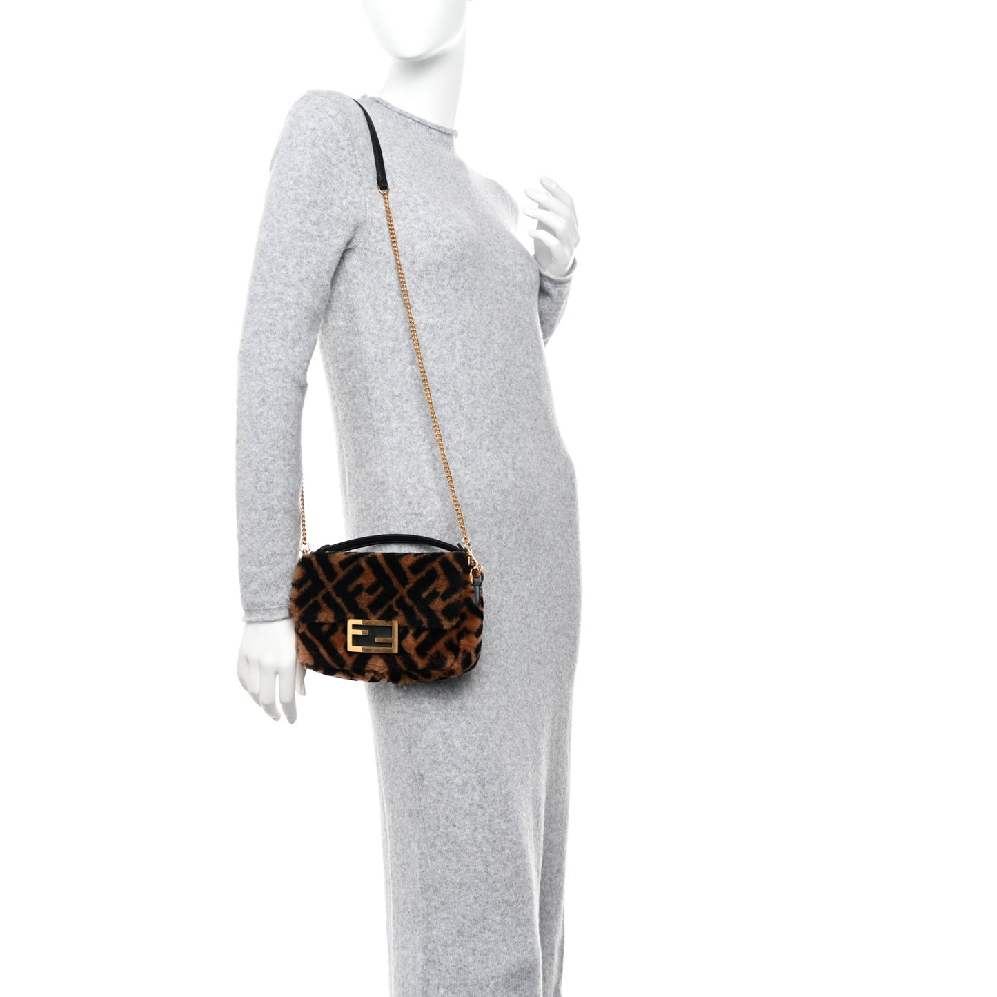 Shearling Vitello Dolce Macro FF 1974 Mini Baguette Tobacco Black