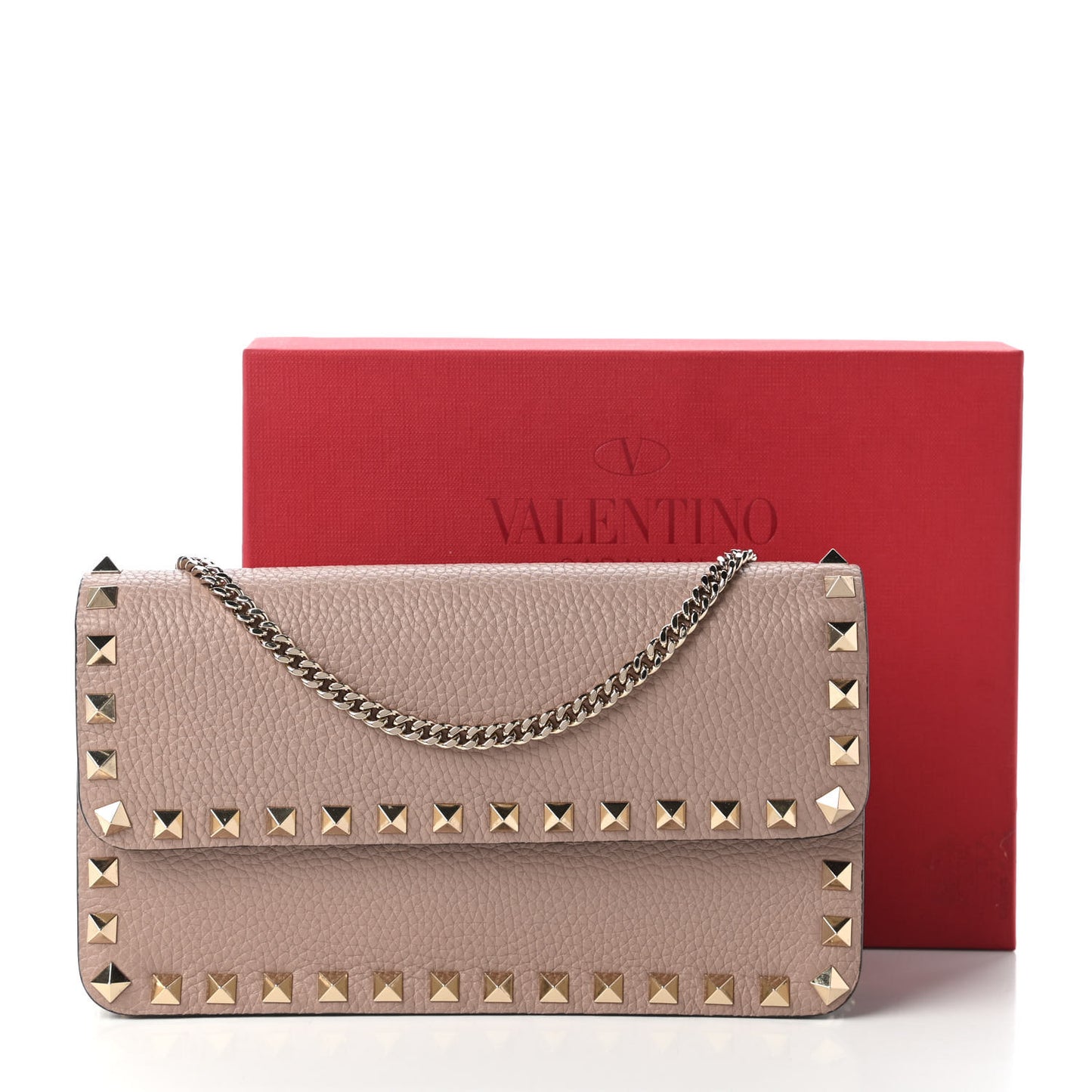 Pebbled Calfskin Rockstud Flap Wallet On Chain Poudre