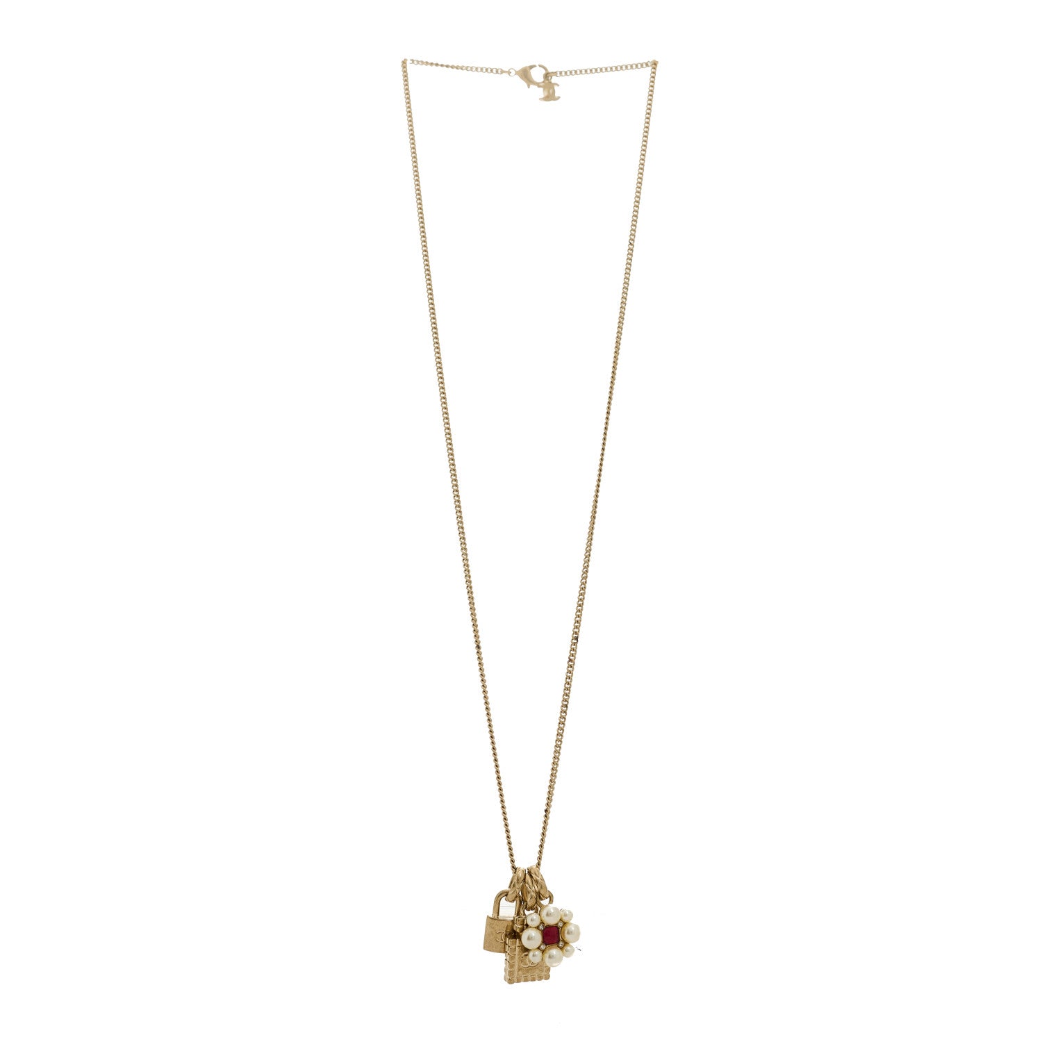 Chanel Crystal Pearl Lock Perfume Bottle CC Pendant Necklace Gold Red White 3 of 5