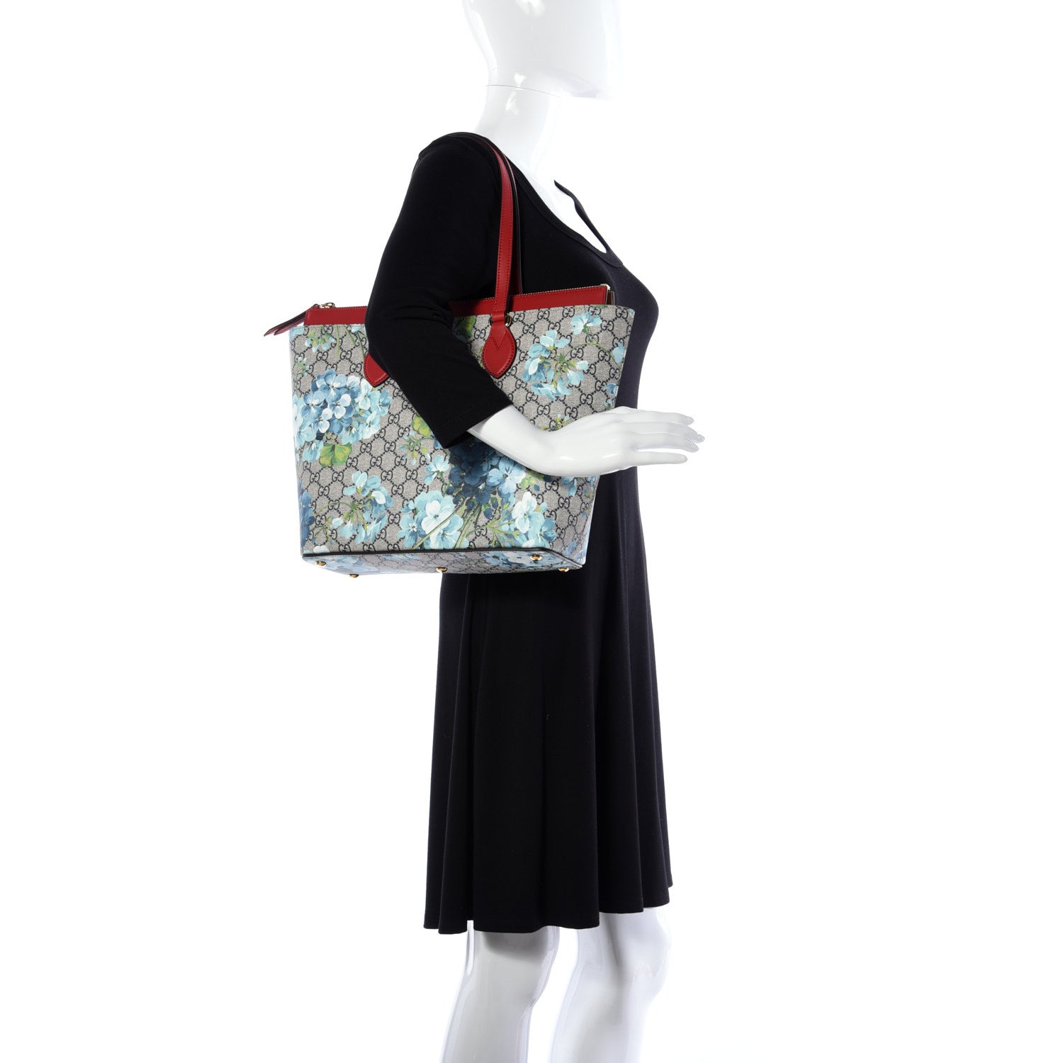 Gucci GG Supreme Monogram Blooms Medium Zippered Bucket Tote Beige Blue Navy Hibiscus Red 2 of 11