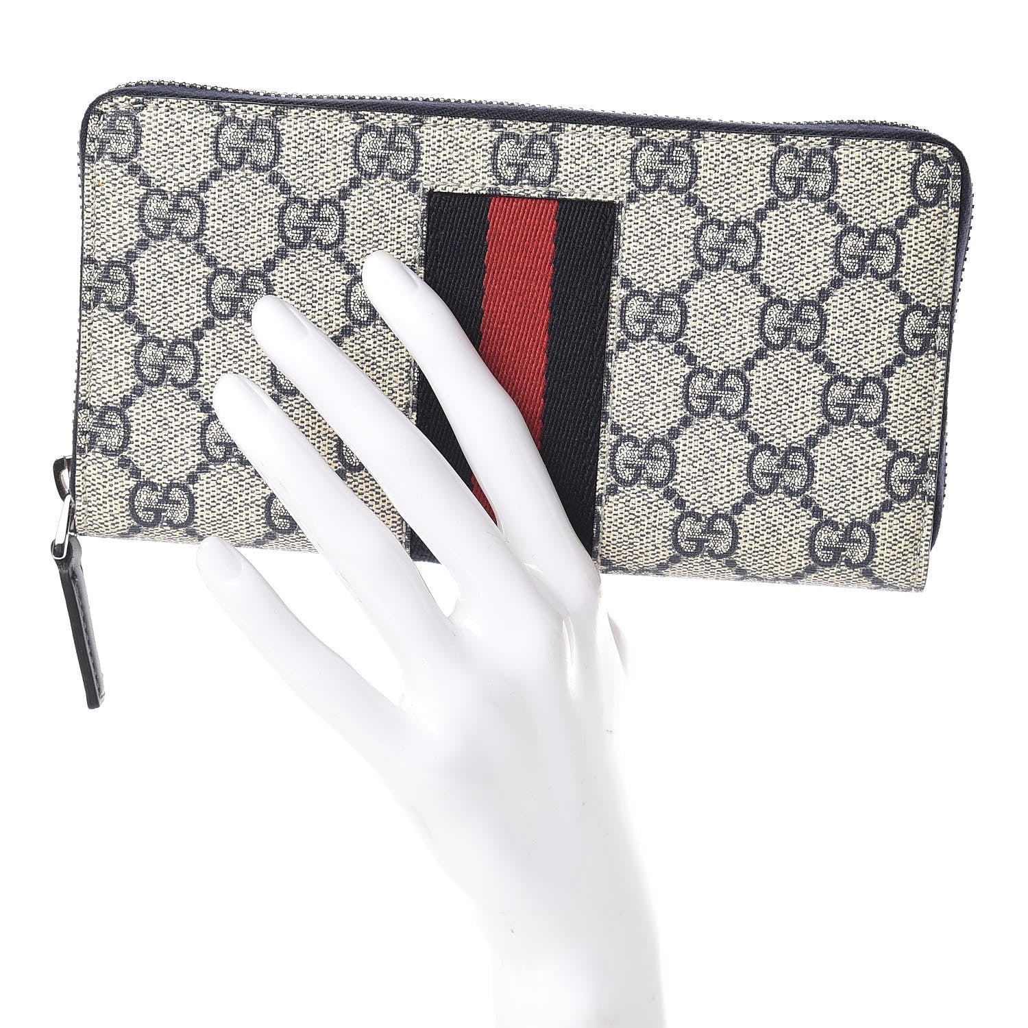 Gucci GG Supreme Monogram Web Zip Around Wallet Beige Blue 2 of 7