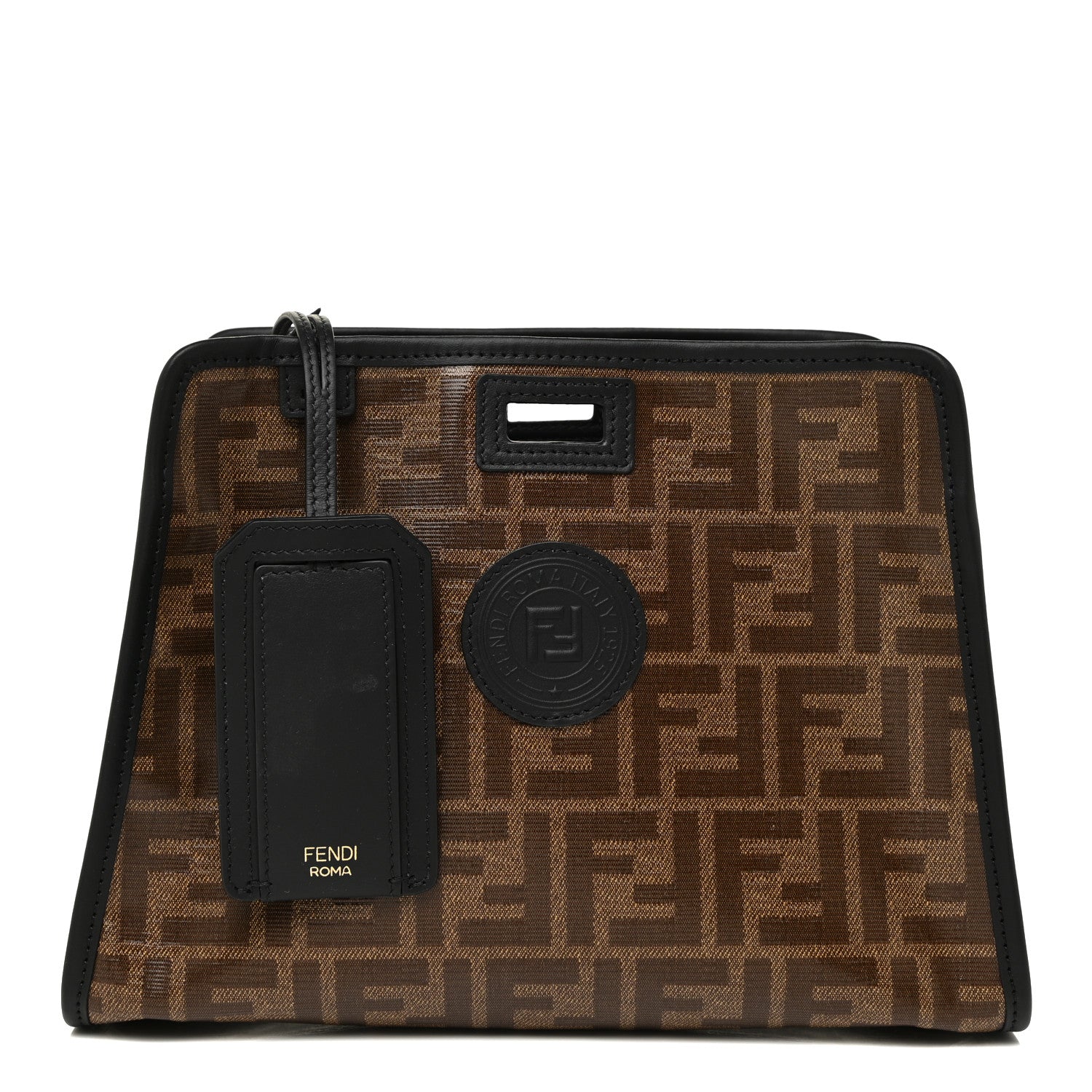 Fendi Glazed Fabric Vitello Century FF 1974 Stamp Patch Mini Peekaboo Defender Cover Mogano Panna Black 1 of 10