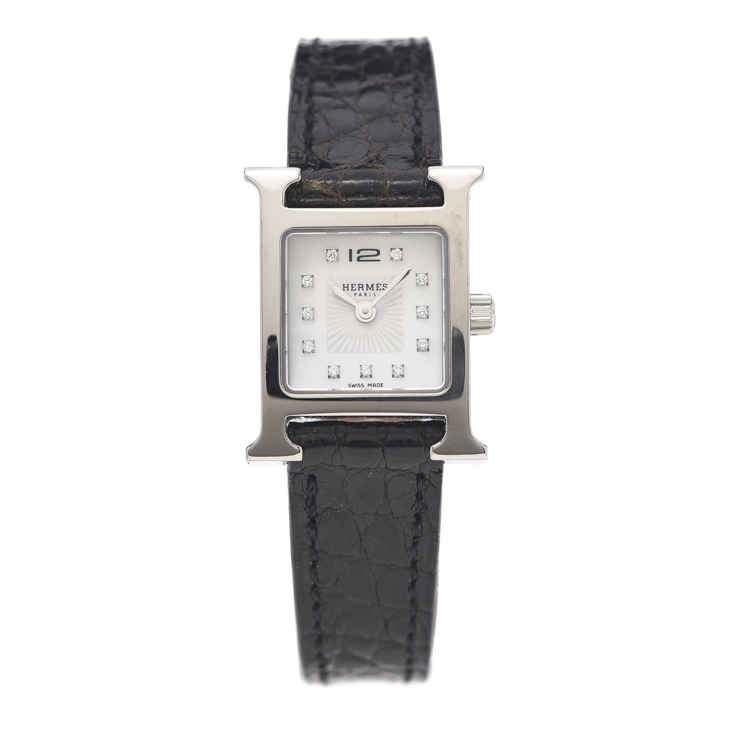 Stainless Steel Alligator Diamond Mother of Pearl 17.2mm Heure H Hour Quartz Watch Noir
