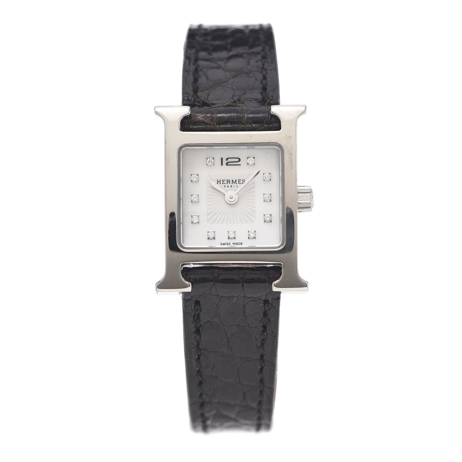 Hermes Stainless Steel Alligator Diamond Mother of Pearl 17.2mm Heure H Hour Quartz Watch Noir 1 of 5