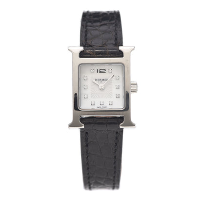 Hermes Stainless Steel Alligator Diamond Mother of Pearl 17.2mm Heure H Hour Quartz Watch Noir 1 of 5