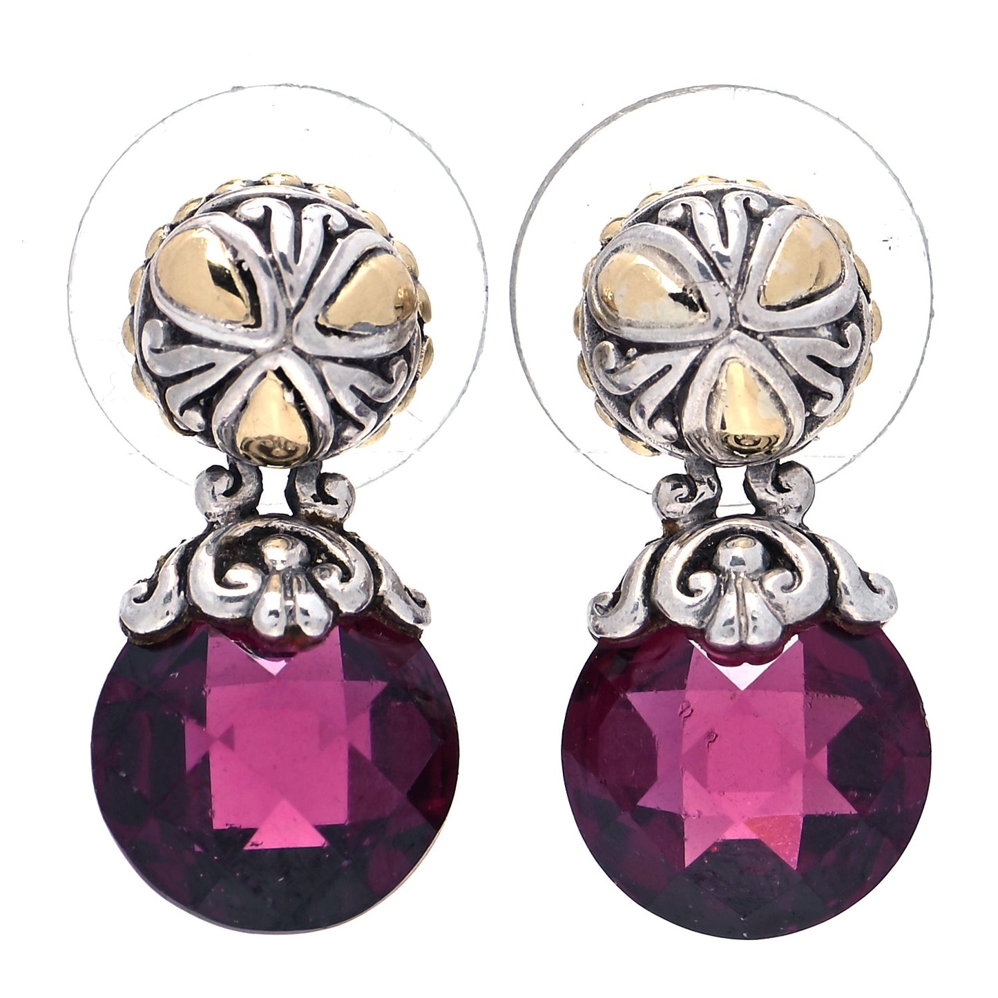 Sterling Silver 18K Yellow Gold Rhodolite Garnet Drop Earrings