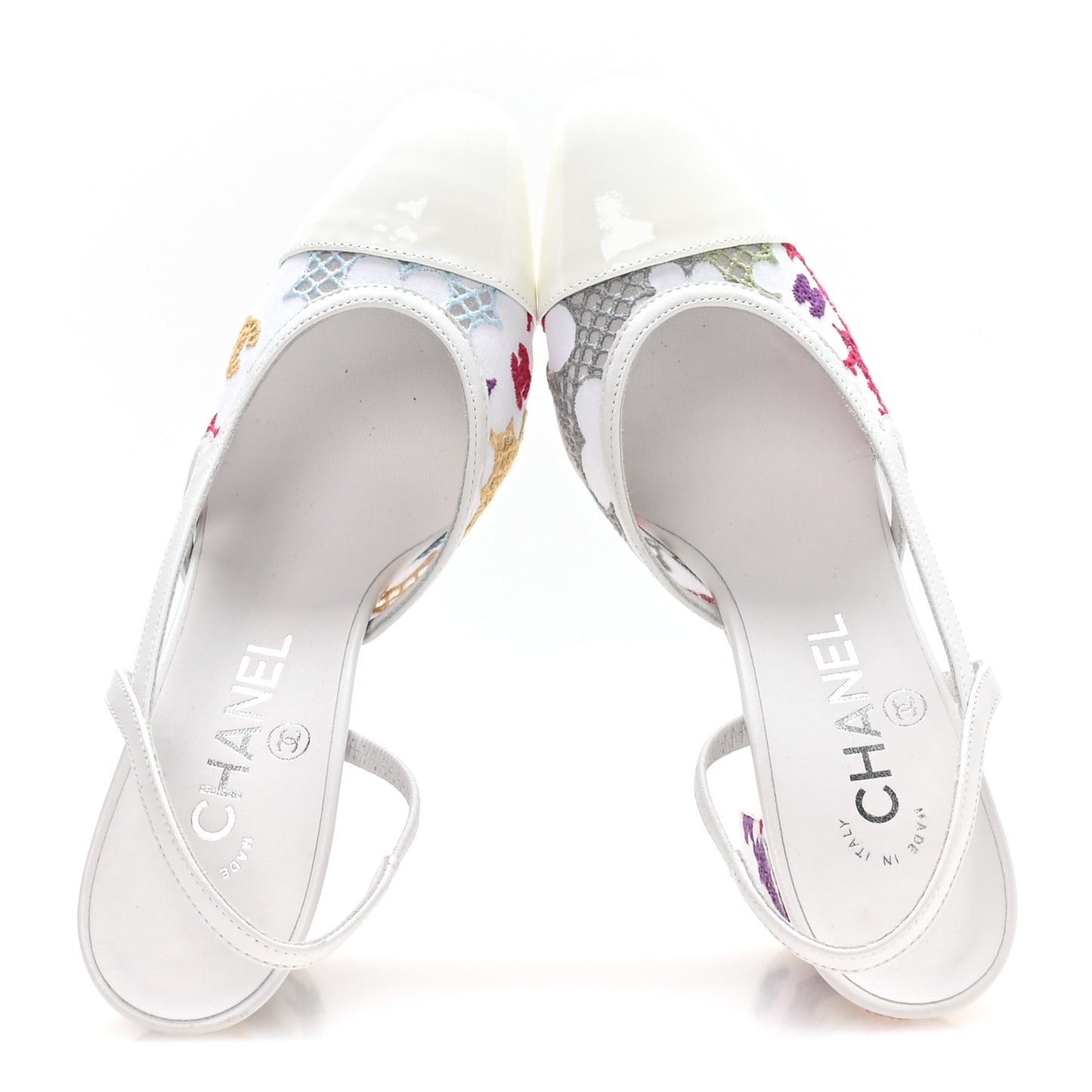 Cotton Guipure Patent Embroidered Floral Cap Toe CC Slingback Pumps 36 White Multicolor