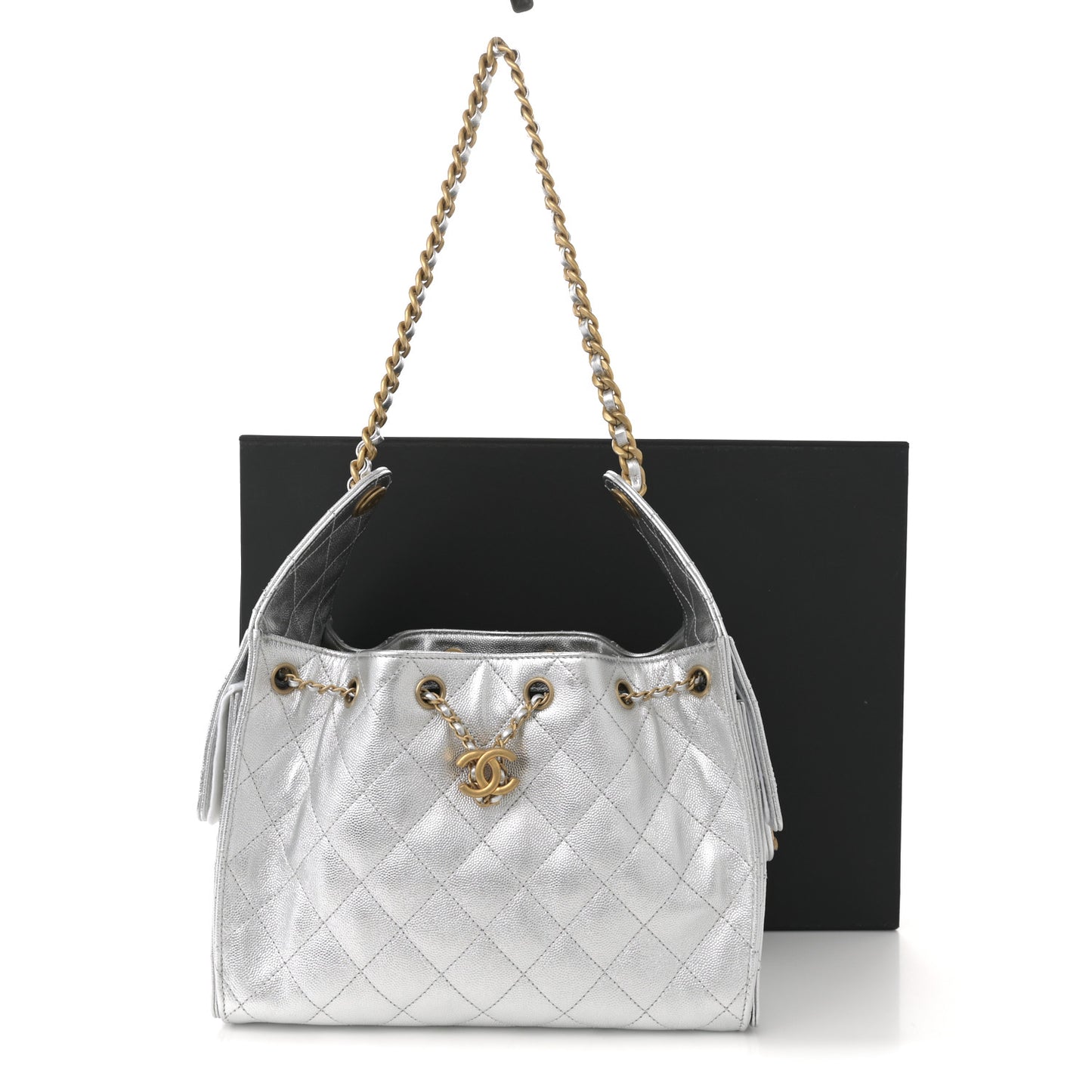 Metallic Caviar Quilted Small Chanel 25 Handbag Silver