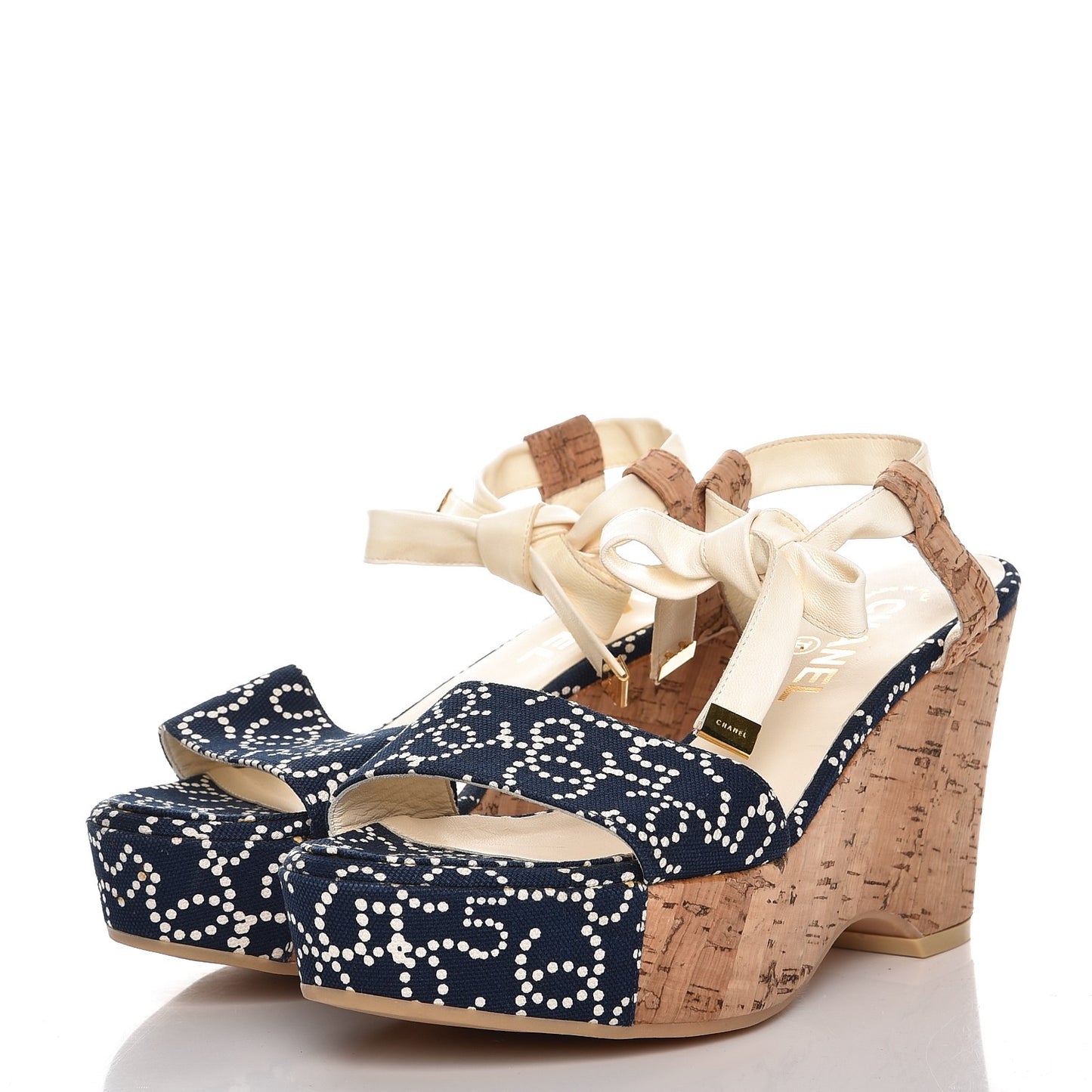 Canvas Lambskin Cork CC Wedge Sandals 38 Navy Blue