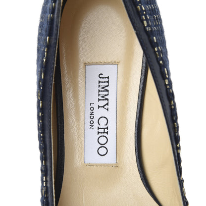Jimmy Choo Metallic Fabric Kid Imogen Pointed Toe Flats 38 Navy Gold 7 of 9