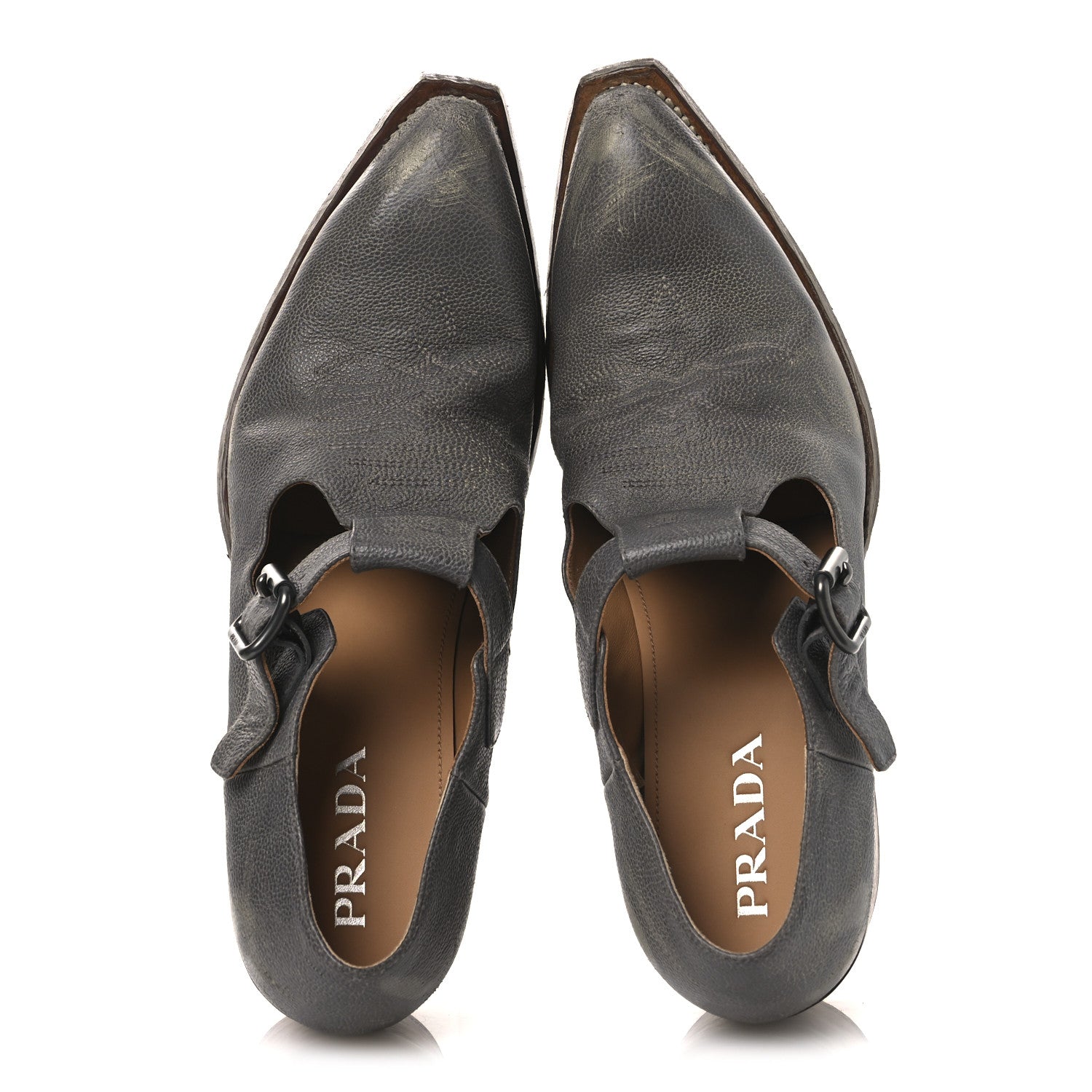 Prada Antique Calfskin Mens Buckle Loafers 9.5 Mercurio 1858753