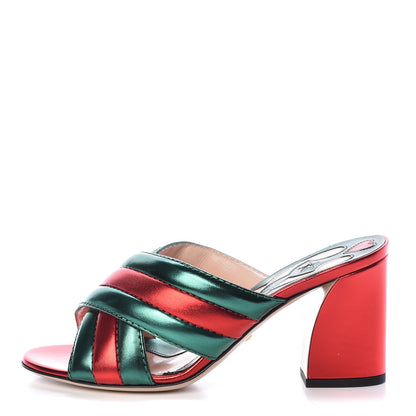 Gucci Metallic Nappa Crossover Mid Heel Slide Sandals 38 Green Flame Red 1 of 10