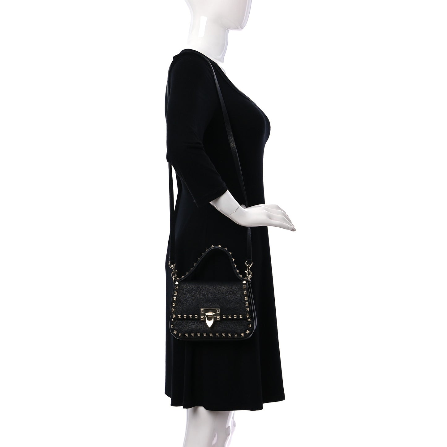 Grainy Calfskin Small Rockstud Top Handle Bag Black