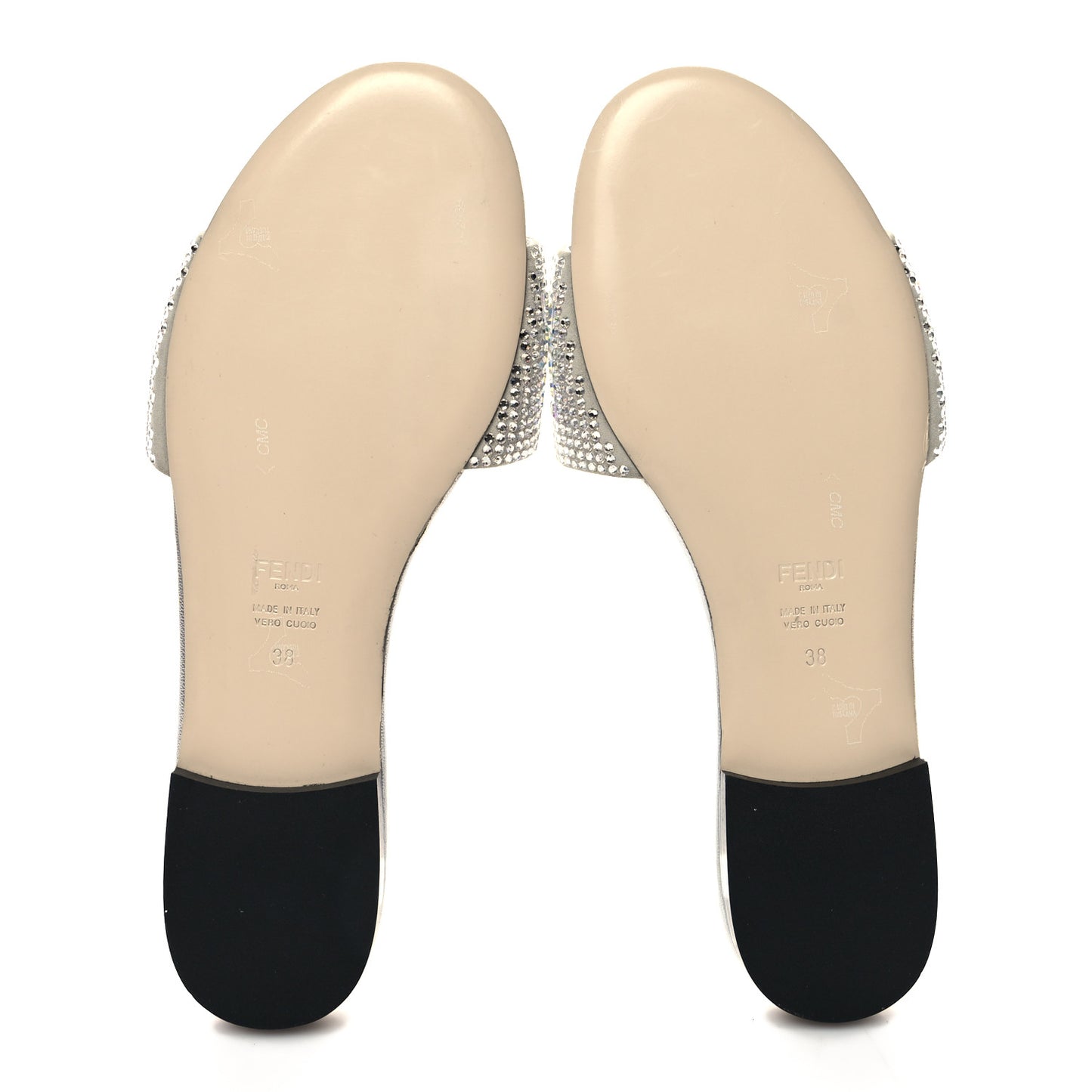 Laminated Goatskin Baguette Crystal Embroidered Signature Flat Slide Sandals 38 Silver