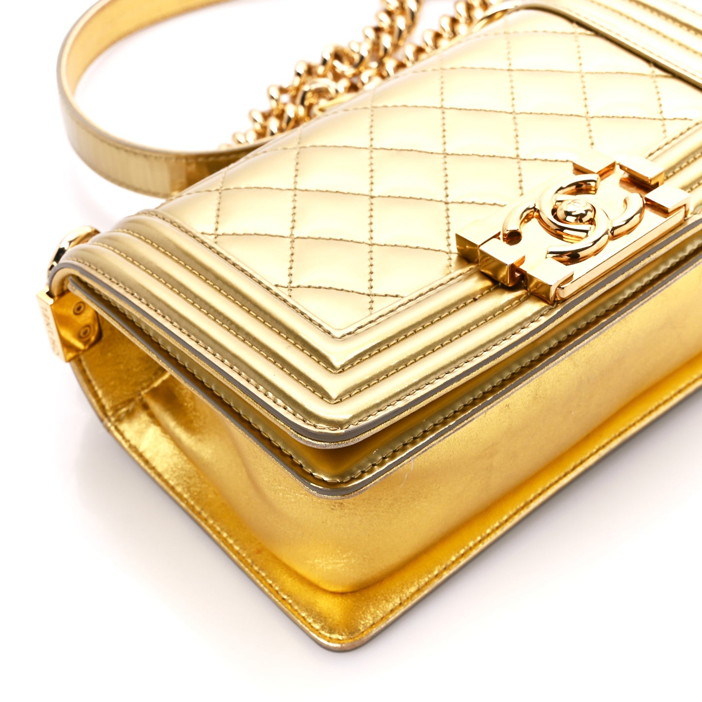 Metallic Patent Calfskin Quilted Small Boy Flap Gold