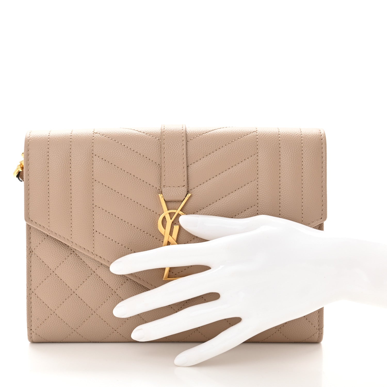 Saint Laurent Grain De Poudre Textured Mixed Matelasse Triquilt Monogram Clutch Dark Beige 2 of 10