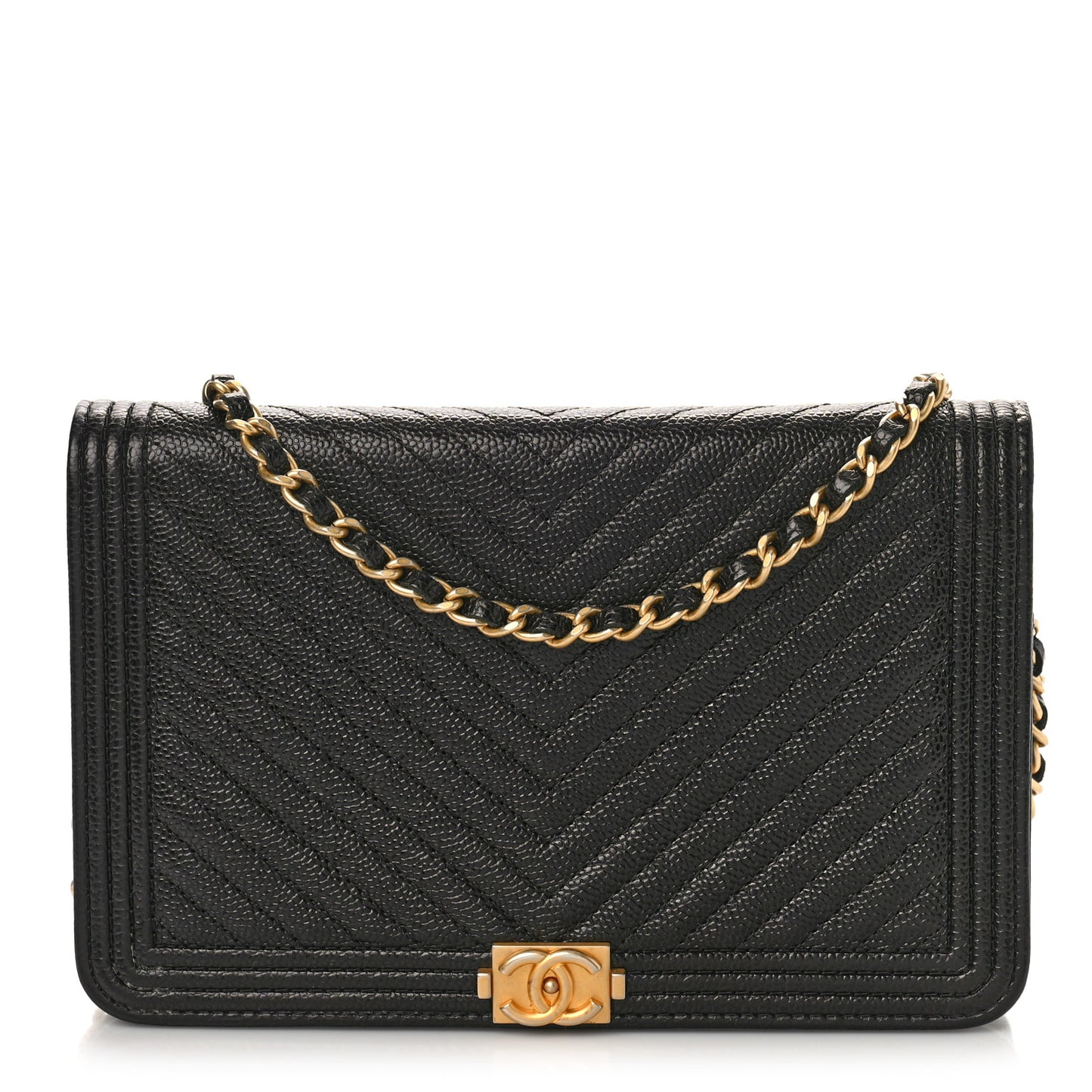 Caviar Chevron Quilted Boy Wallet On Chain WOC Black