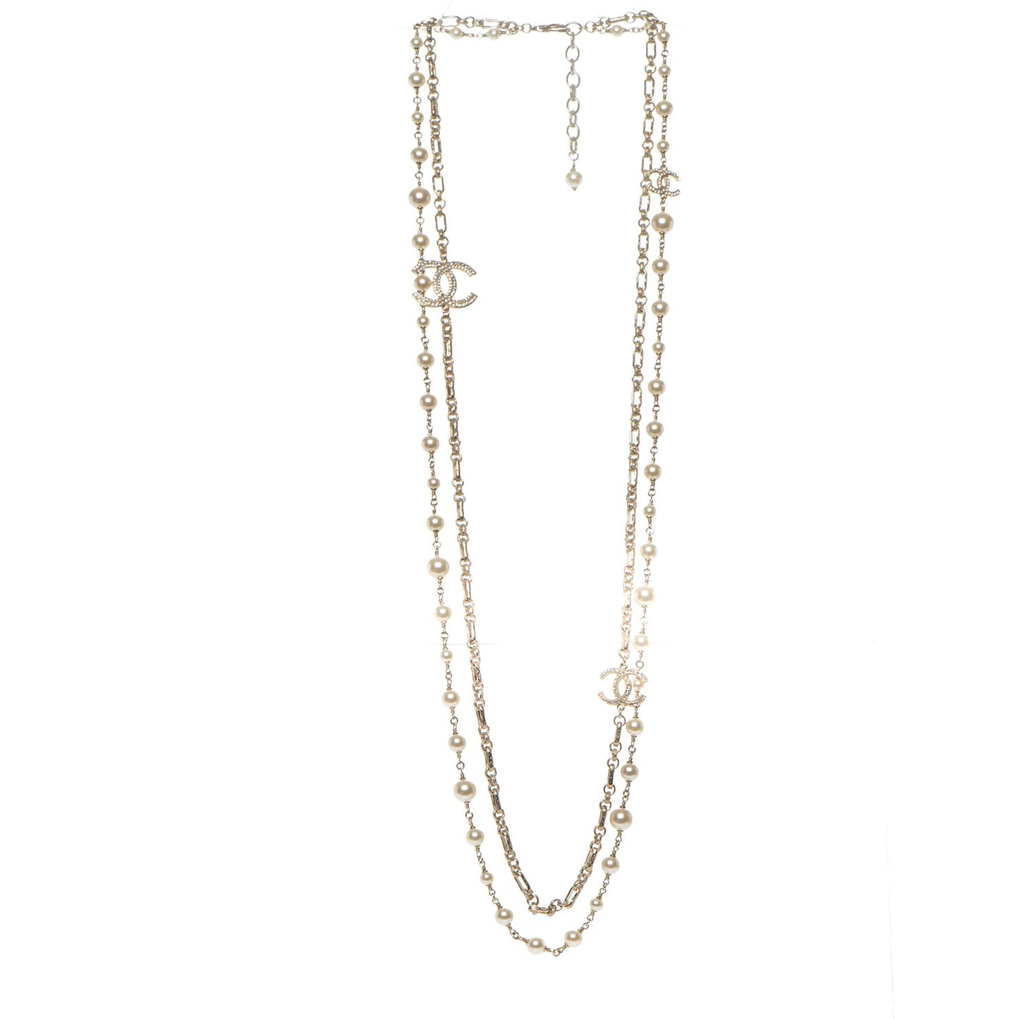 Crystal Pearl CC Long Necklace Gold