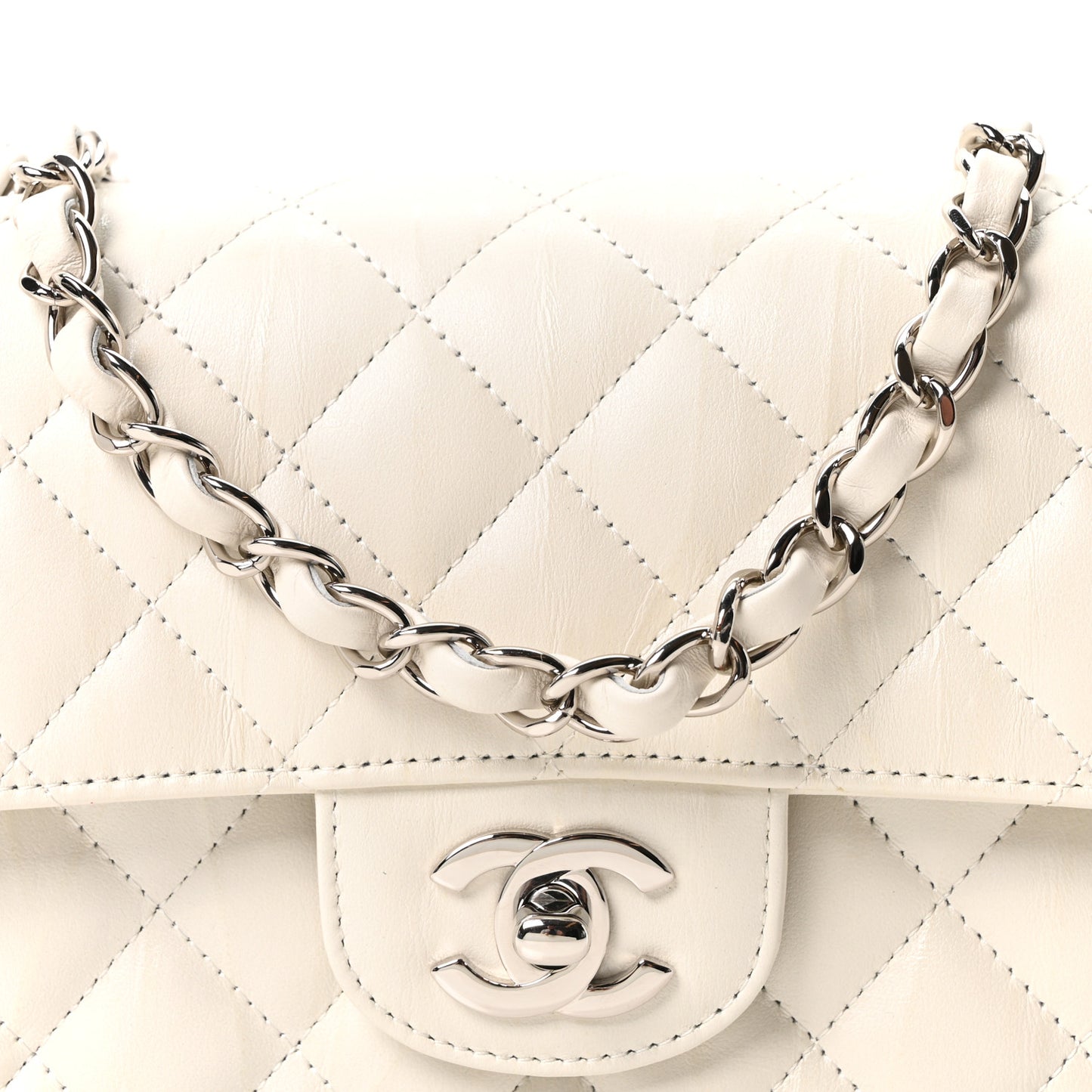 Iridescent Calfskin Quilted Mini Rectangular Flap White