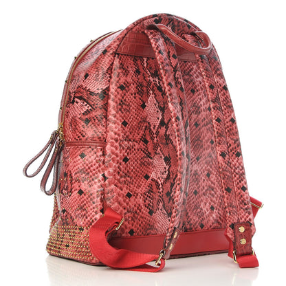 MCM Snakeskin Embossed Visetos Studded Medium Stark Backpack Red Pink 4 of 11