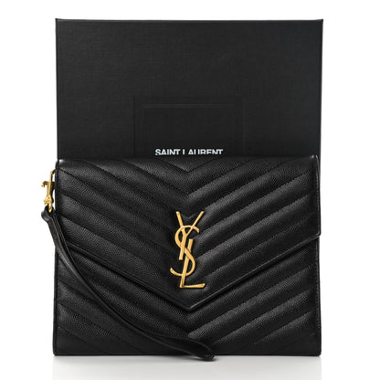 Saint Laurent Grain De Poudre Matelasse Chevron Monogram Envelope Clutch Black 10 of 10